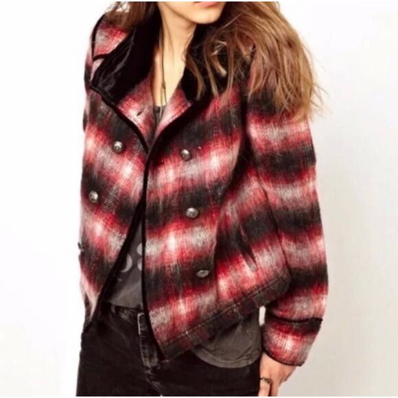 Free People Plaid Wool Blend Military Jacket Women's XS Red Black Velvet Collar - Picture 1 of 8